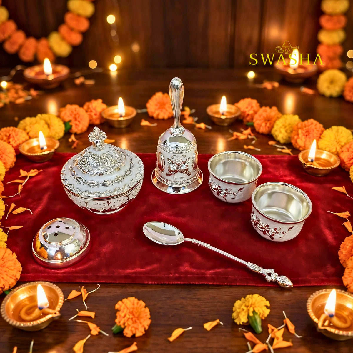 SWASHA German Silver Plated Pooja Thali Set - 7 Piece Premium Puja Set | For Diwali, Navratri, Karwa Chauth, Housewarming & Wedding Return Gift