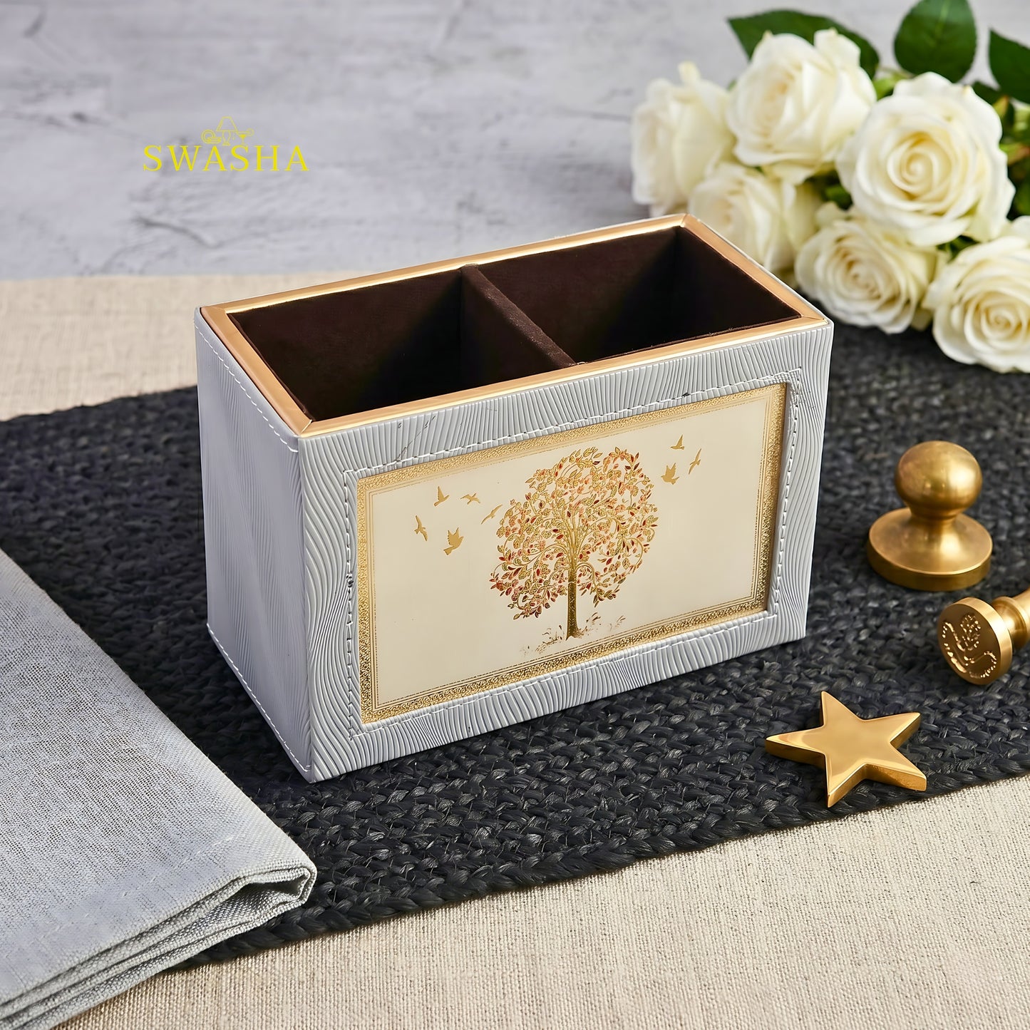 Swasha Leatherette Serving Tray Set of 4 with Cutlery Stand and Tissue Holder on Dining Table