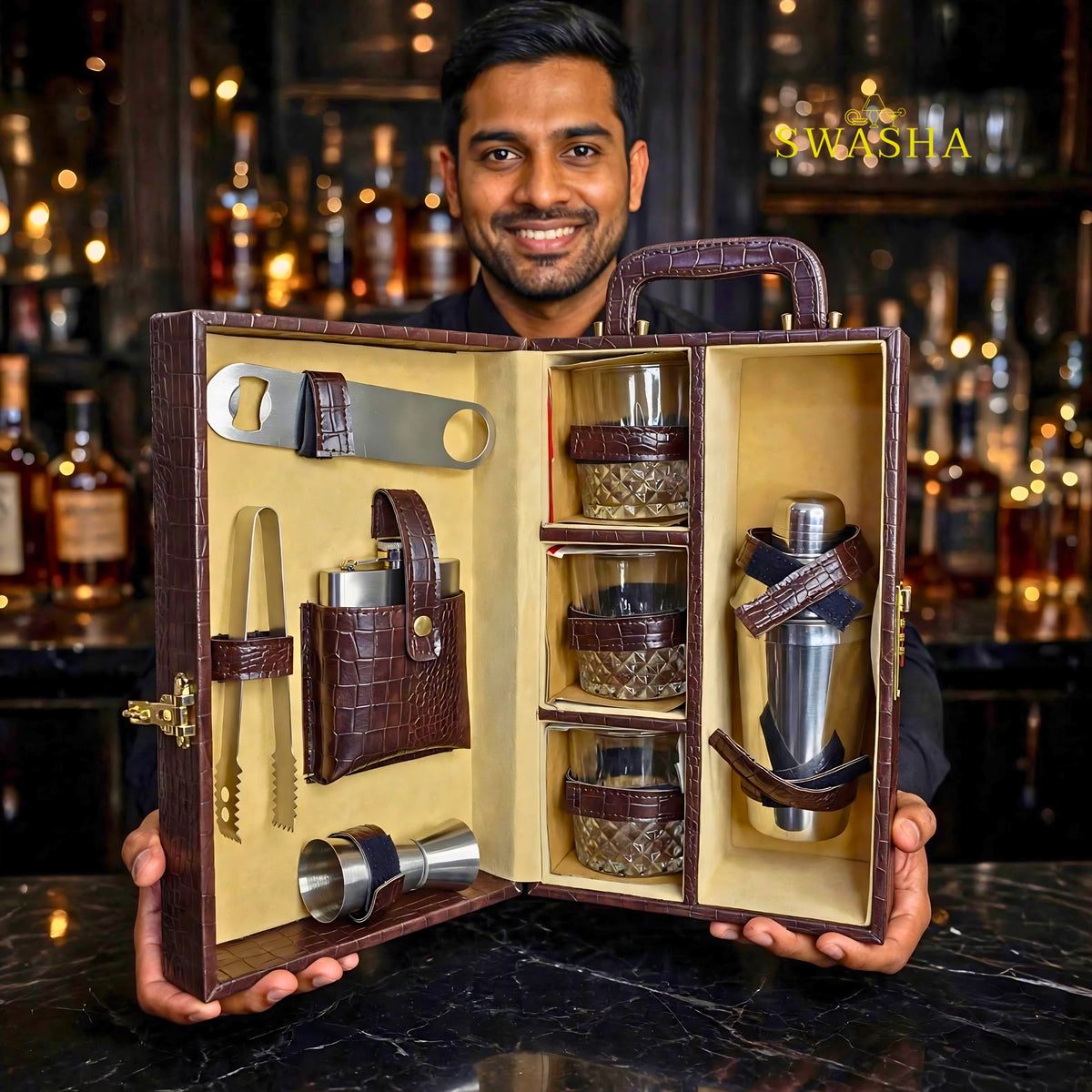 washa brown croco bar box open with 3 whiskey glasses cocktail shaker hip flask bottle opener jigger and tong