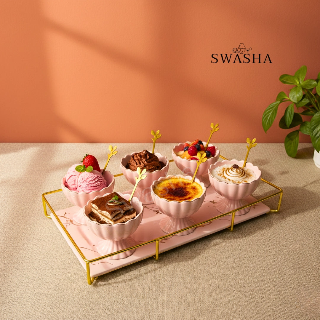 Luxury Dessert Cup Set with Tray & Spoons – Premium Ceramic, 13-Piece Set