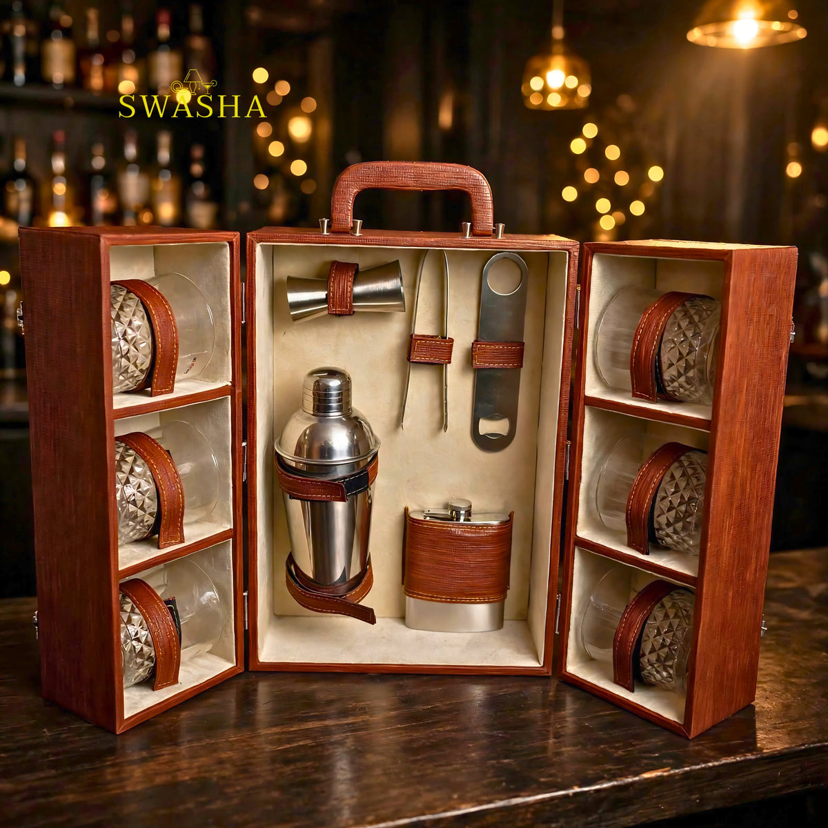 SWASHA Brown Portable Bar Box With Lock | 11 Pcs 6 Whiskey Glasses Bar Kit