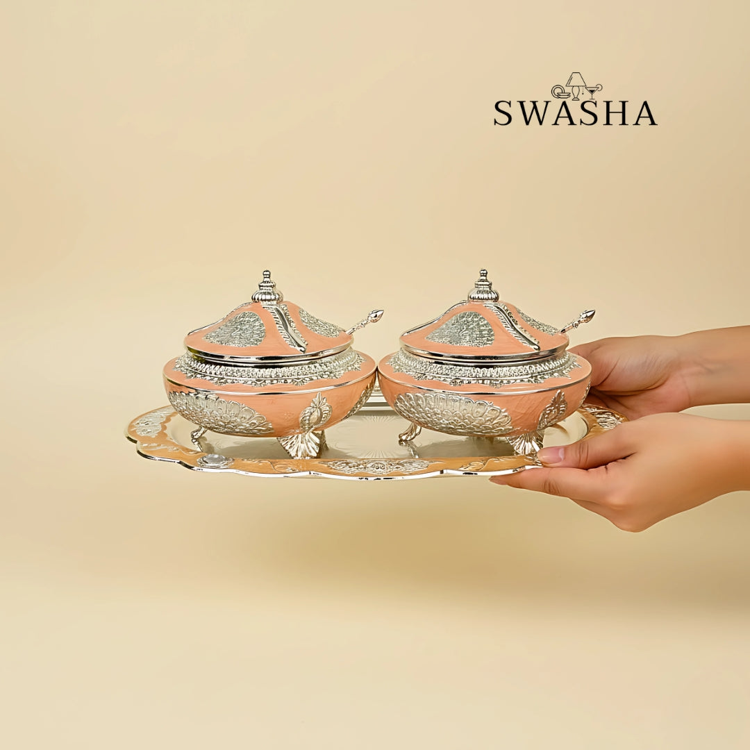 Swasha Silver Dry Fruits Serving Bowls with Tray