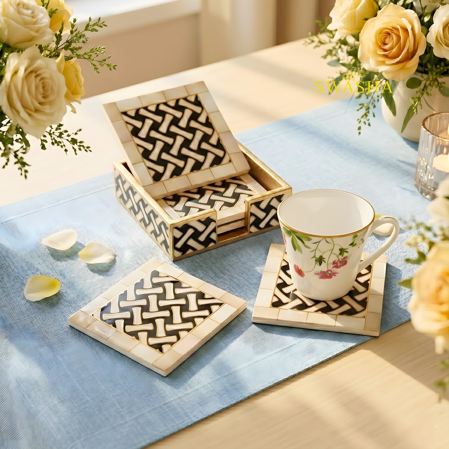 Swasha MDF Resin Finish Coaster Set of 6 - Luxury Table Coasters
