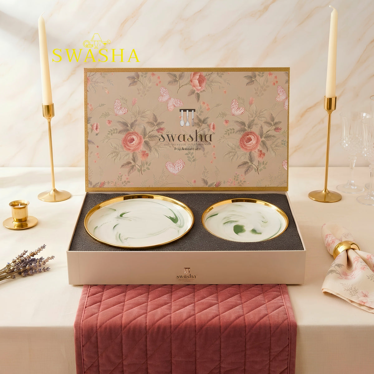 Swasha Royal Serving Set 7 Pcs | Side Plate Set of 6 + Full Plate | Premium Crockery for Festive Serving