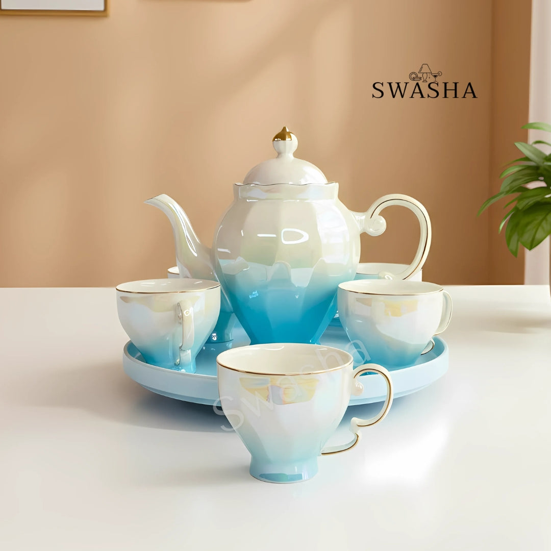 Swasha Holographic Revolving Tea Set – Porcelain Kettle, 6 Cups & Revolving Tray