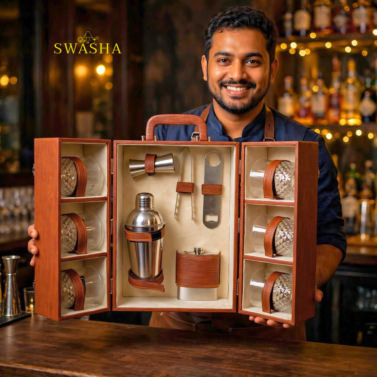 SWASHA Brown Portable Bar Box With Lock | 11 Pcs 6 Whiskey Glasses Bar Kit