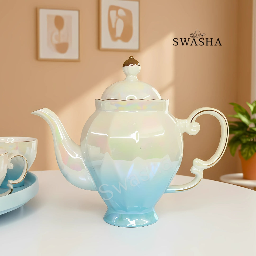 Swasha Holographic Revolving Tea Set – Porcelain Kettle, 6 Cups & Revolving Tray