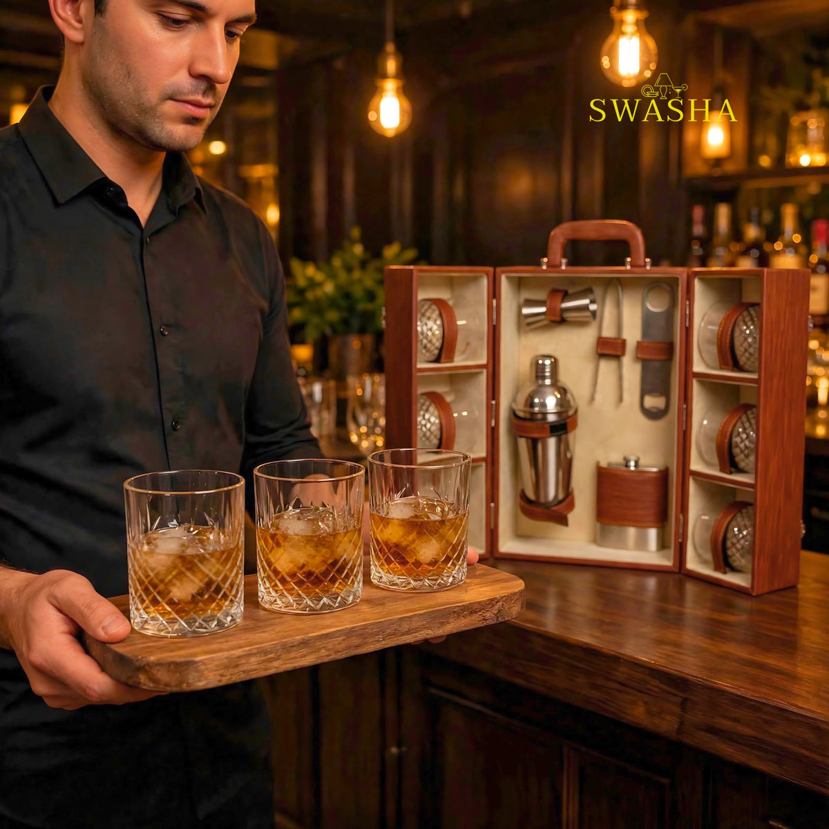 SWASHA Brown Portable Bar Box With Lock | 11 Pcs 6 Whiskey Glasses Bar Kit