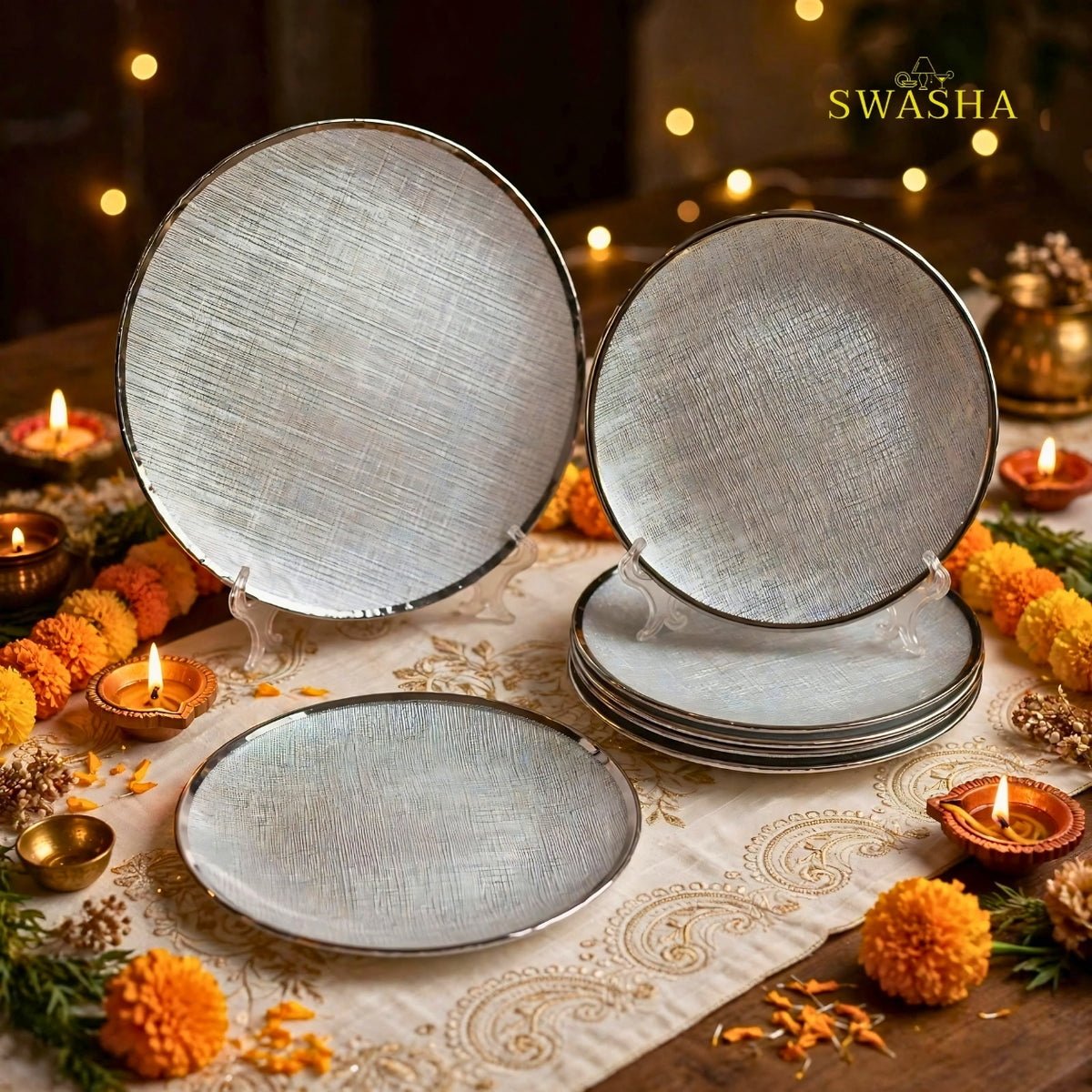 Swasha 7 pcs Turkish glass snack set with 1 full plate and 6 side plates in gift box silver rim
