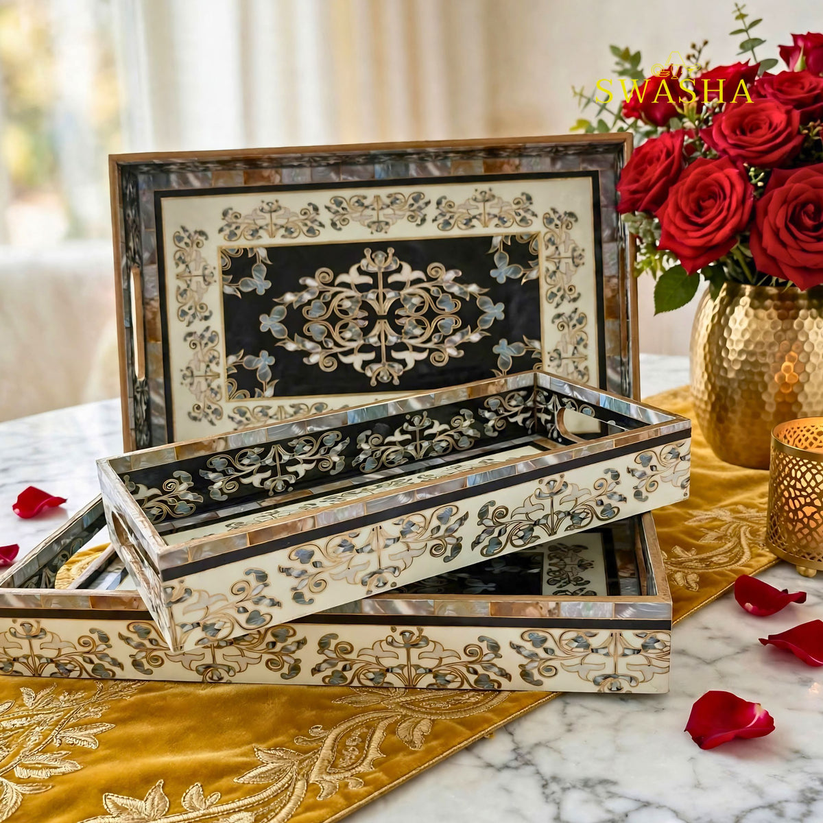 Swasha Royal Damask Set of 3 MDF Tray | Black White Victorian Decorative Serving Tray Set | MOP Finish