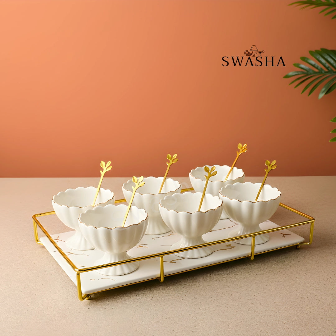 Luxury Dessert Cup Set with Tray & Spoons – Premium Ceramic, 13-Piece Set