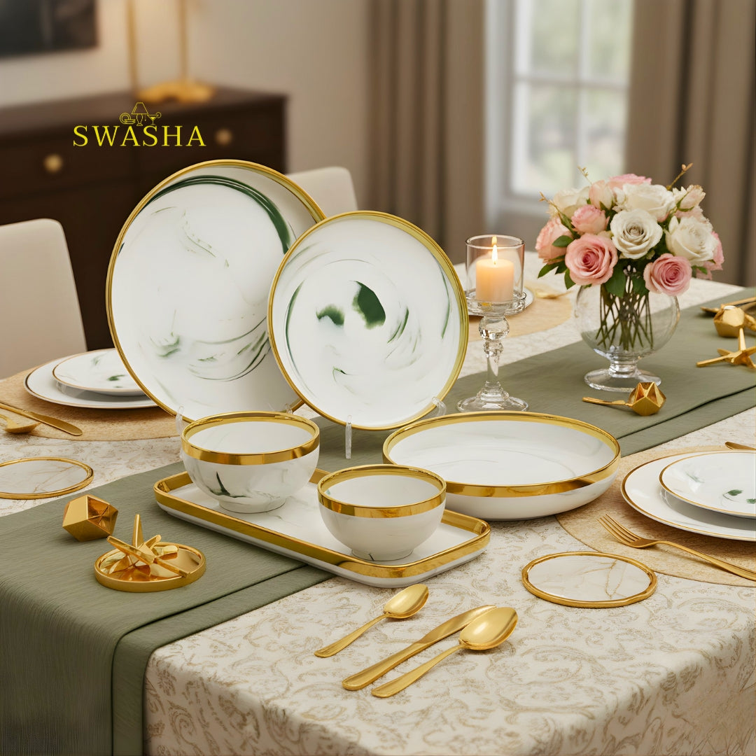Green Marble SWASHA Porcelain Dinner Set of 28 Pieces | Dinnerware (Glossy Green White)