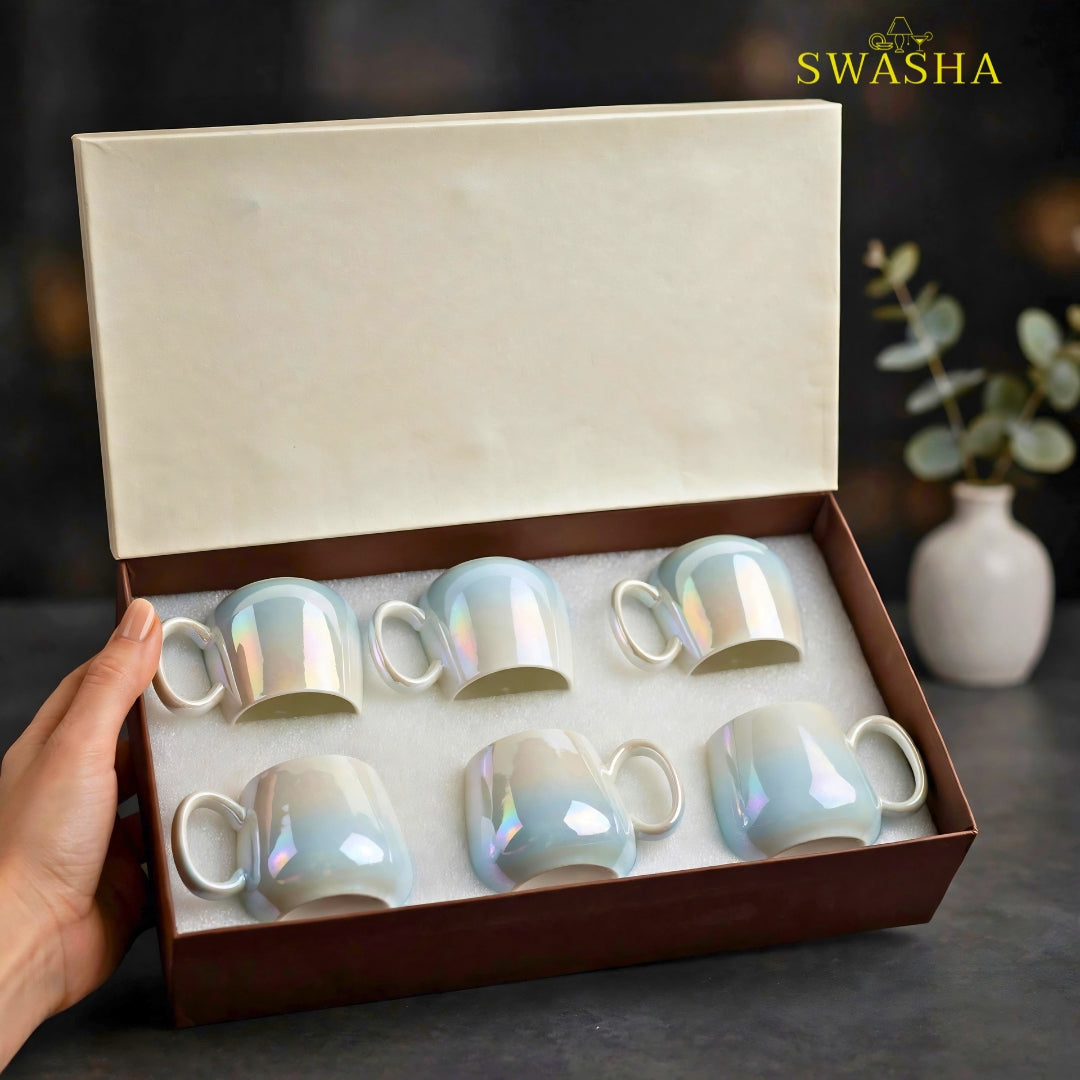 Swasha iridescent ceramic mug set of 6 in premium gift box with foam packaging