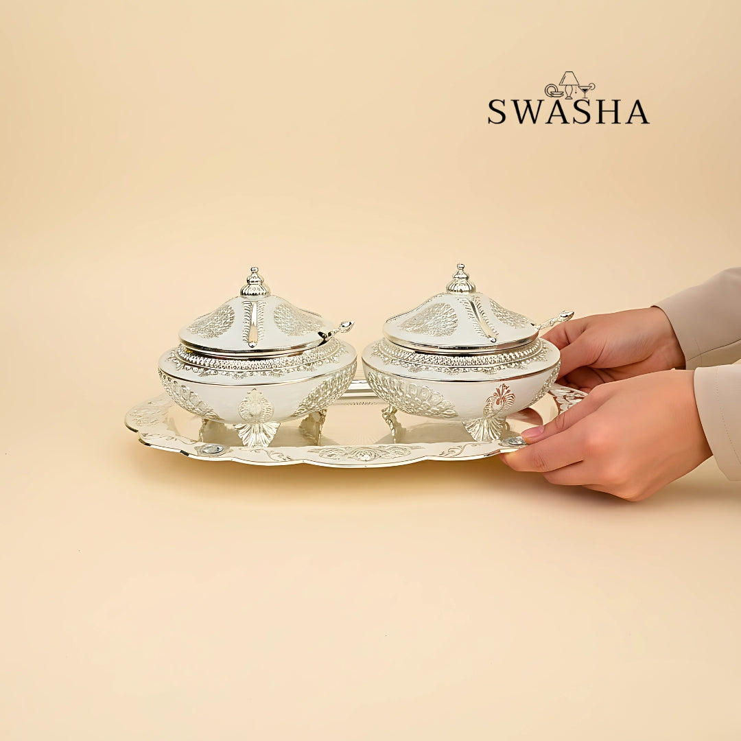 Swasha German Silver Dry Fruits Server Bowls with Tray