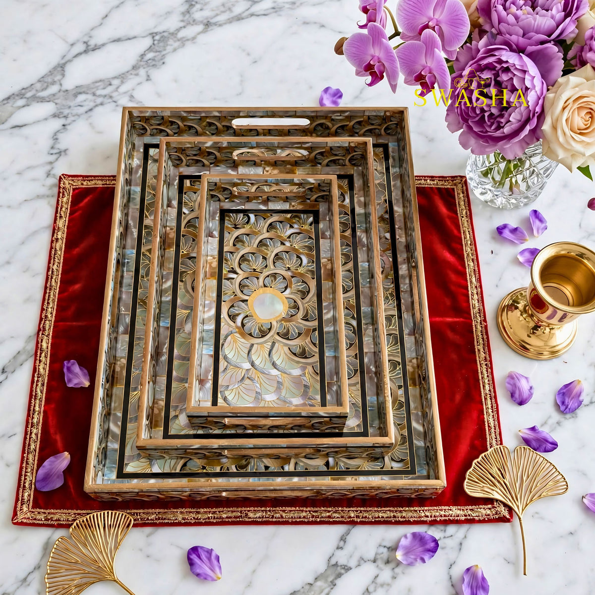 Swasha Peacock Scallop Set of 3 MDF Tray | Gold Mother Of Pearl MOP Decorative Serving Tray Set