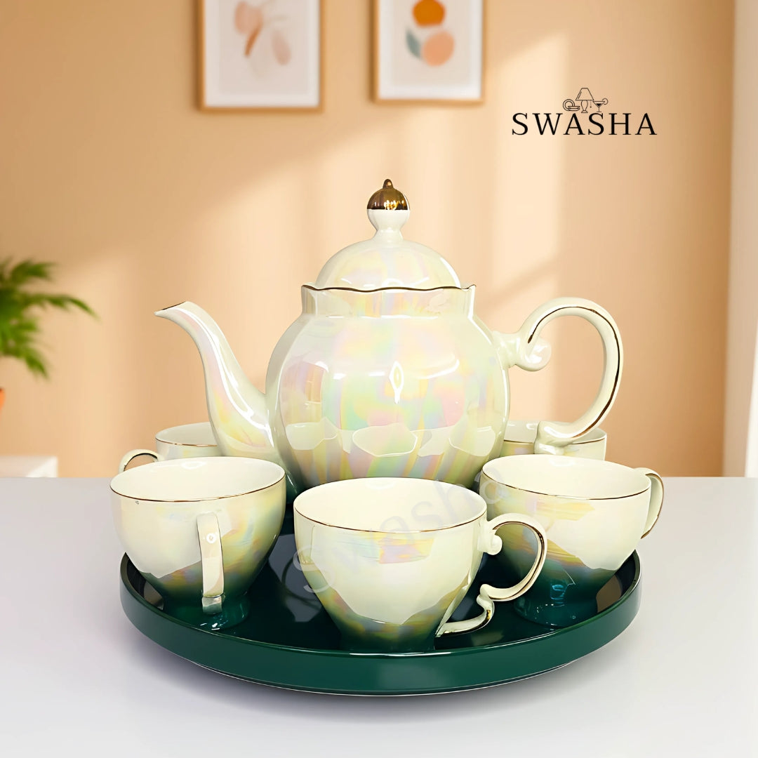 Swasha Holographic Revolving Tea Set – Porcelain Kettle, 6 Cups & Revolving Tray