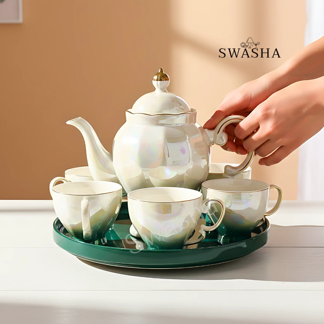 Swasha Holographic Revolving Tea Set – Porcelain Kettle, 6 Cups & Revolving Tray