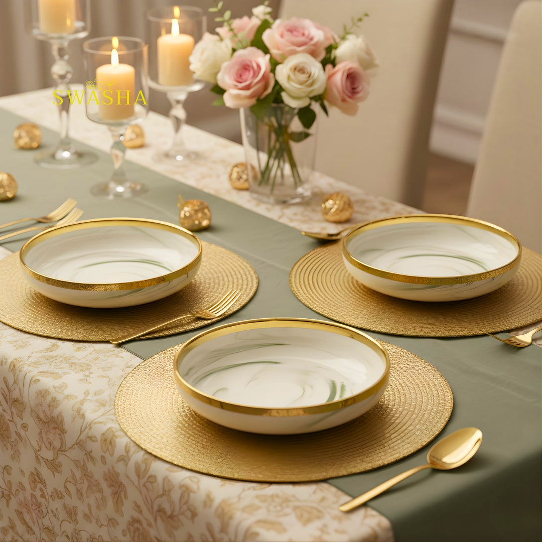 Green Marble SWASHA Porcelain Dinner Set of 28 Pieces | Dinnerware (Glossy Green White)