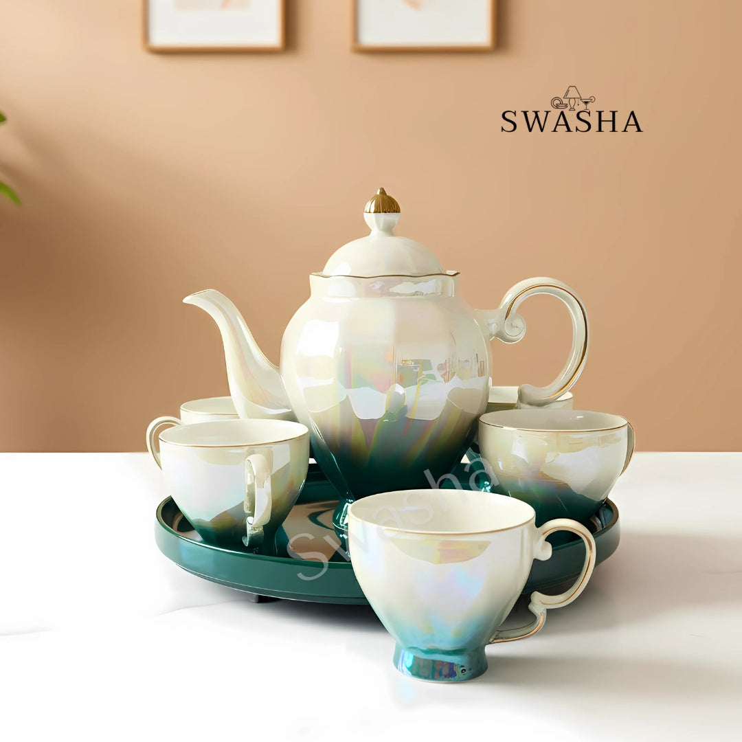 Swasha Holographic Revolving Tea Set – Porcelain Kettle, 6 Cups & Revolving Tray