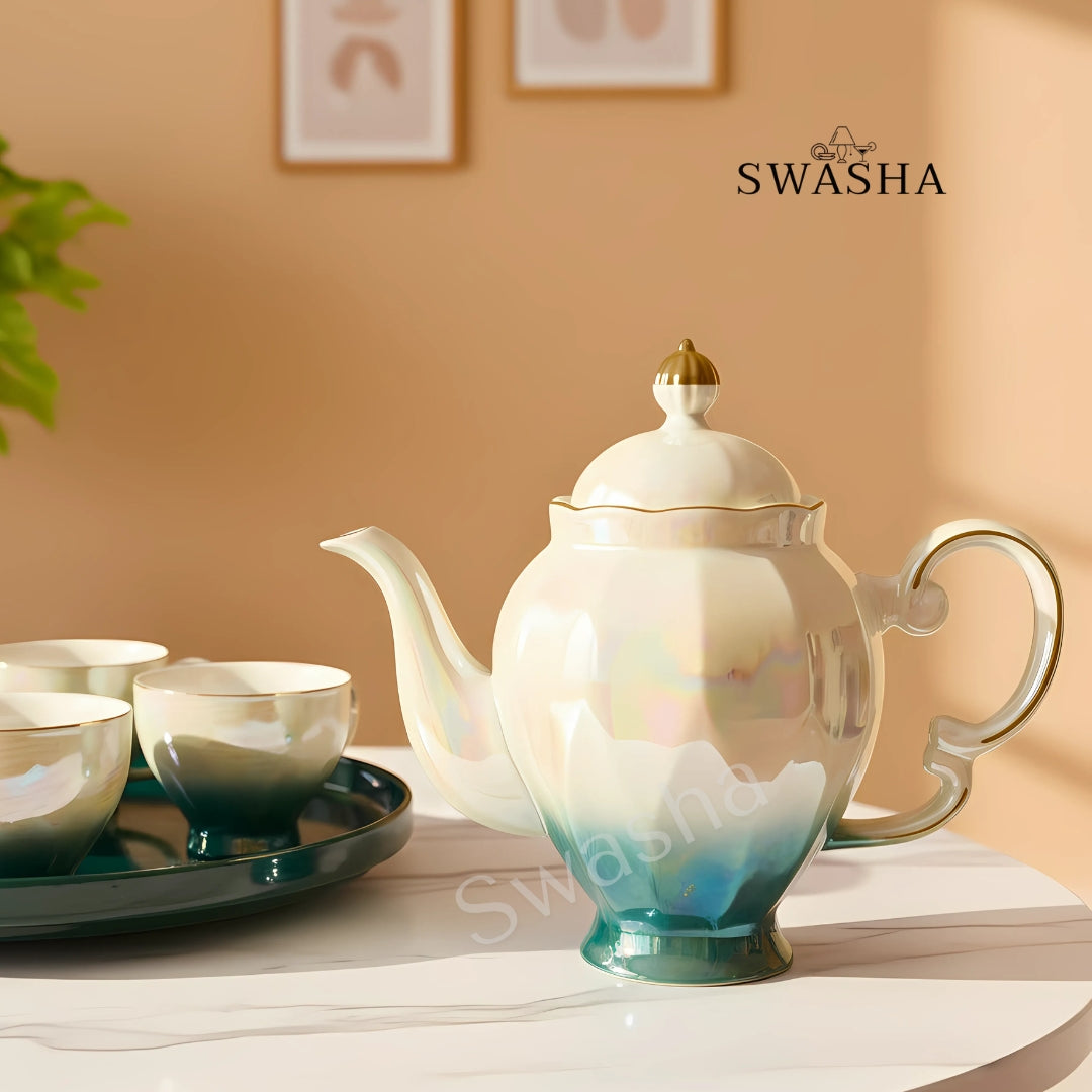 Swasha Holographic Revolving Tea Set – Porcelain Kettle, 6 Cups & Revolving Tray