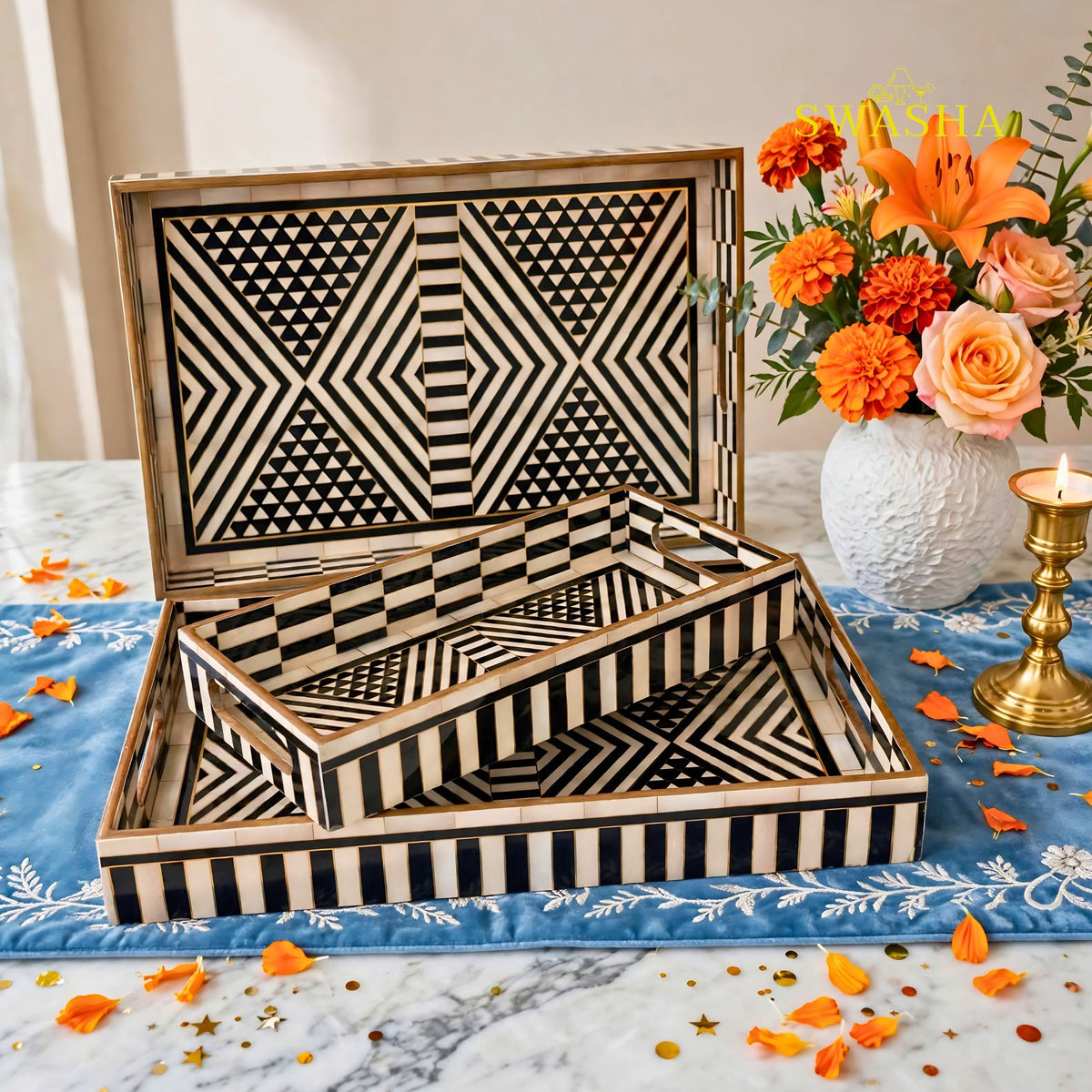 Swasha Monochrome Geo Set of 3 MDF Tray | Black White Geometric Decorative Serving Tray Set | MOP Finish