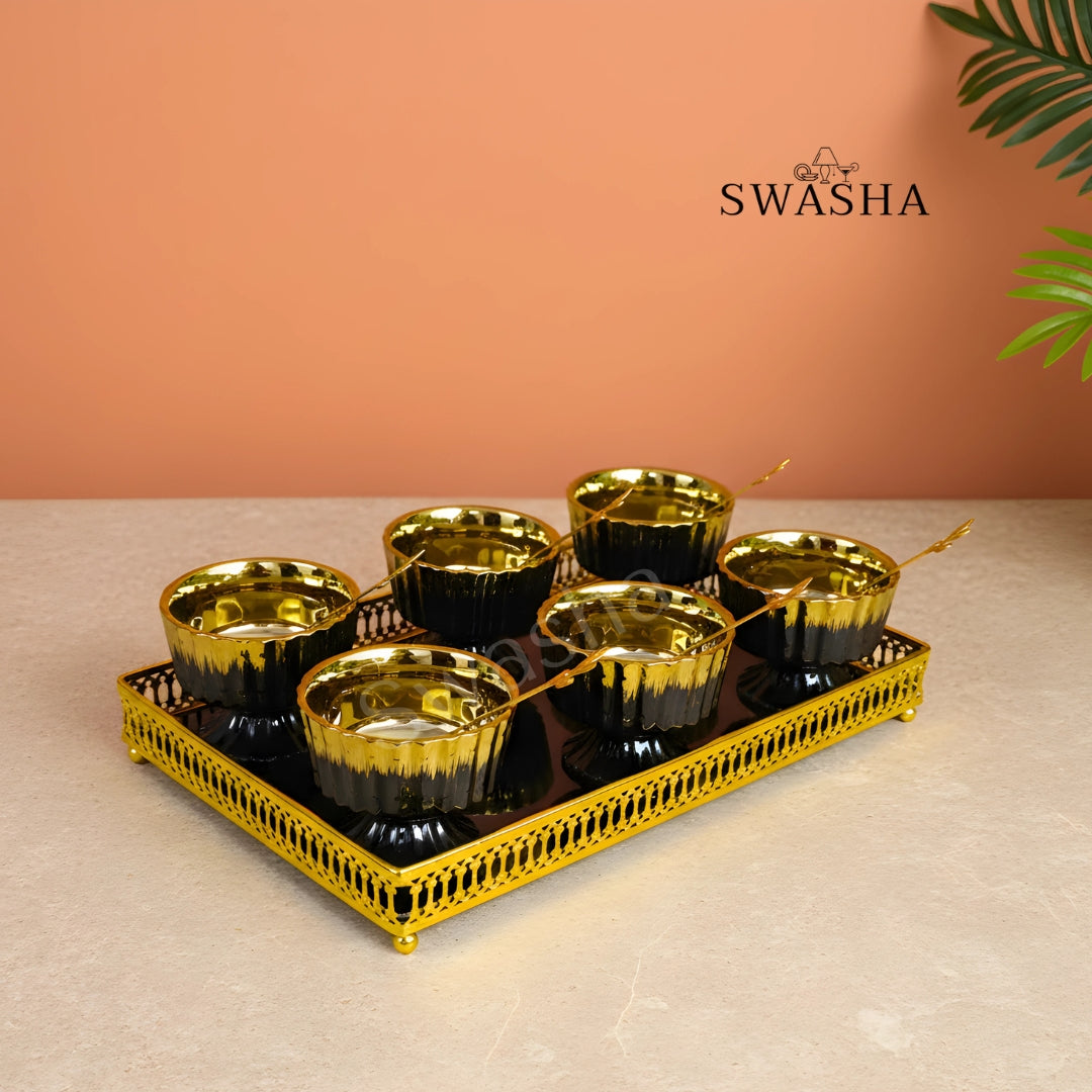 Elegant Ceramic Ice Cream Cup Set of 6 with Matching Spoons & Tray by Swasha