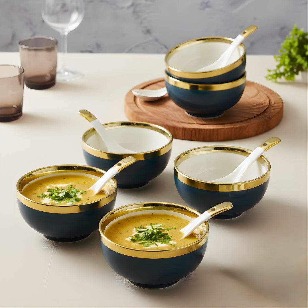 Swasha Premium Soup Bowl with Spoon Set of 6 – White Gold Line Porcelain