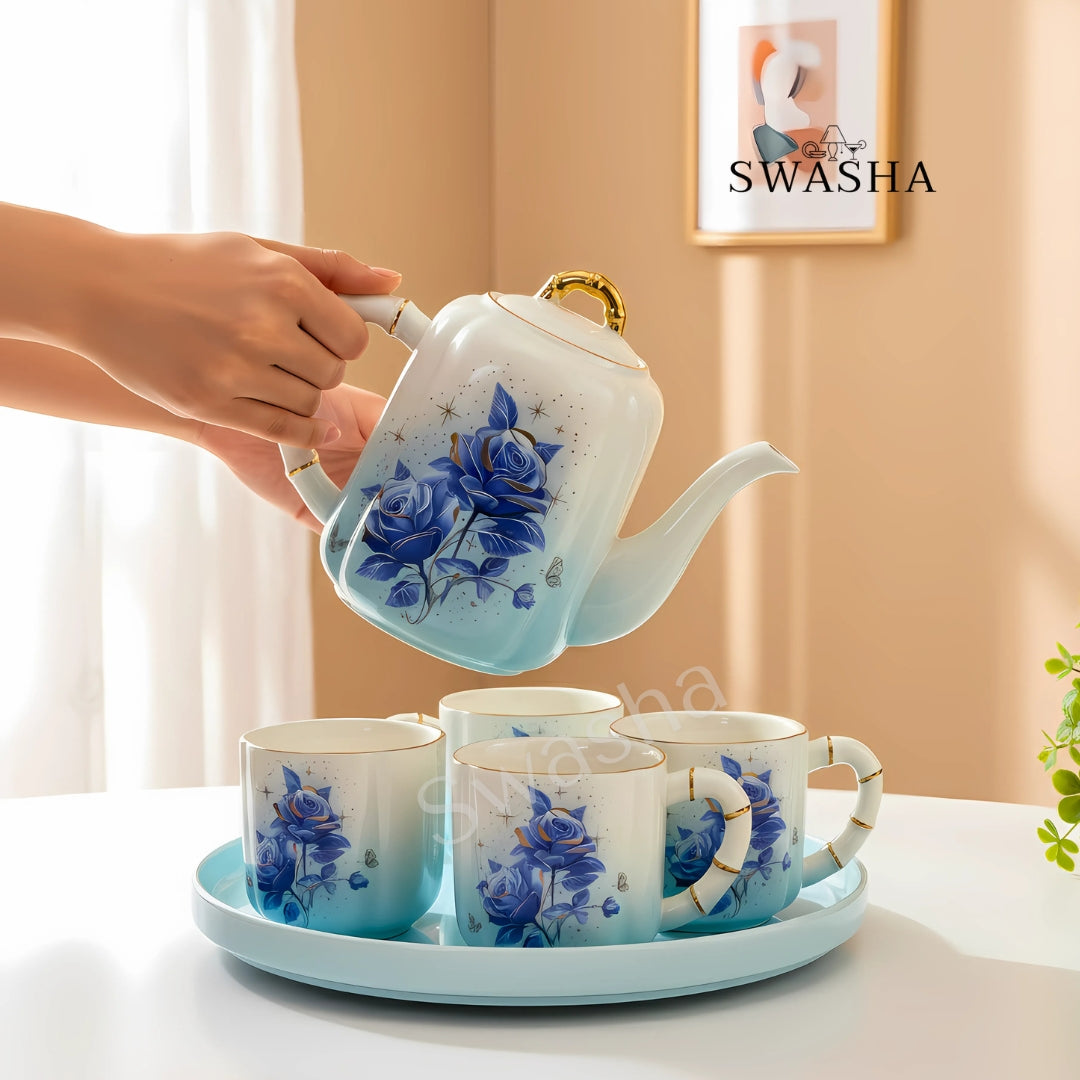 Swasha Premium Floral Tea Set with Revolving Stand | Stylish Gifting Option