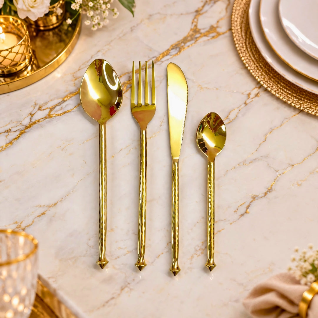 24 pcs gold cutlery set with black wooden stand luxury hammered design