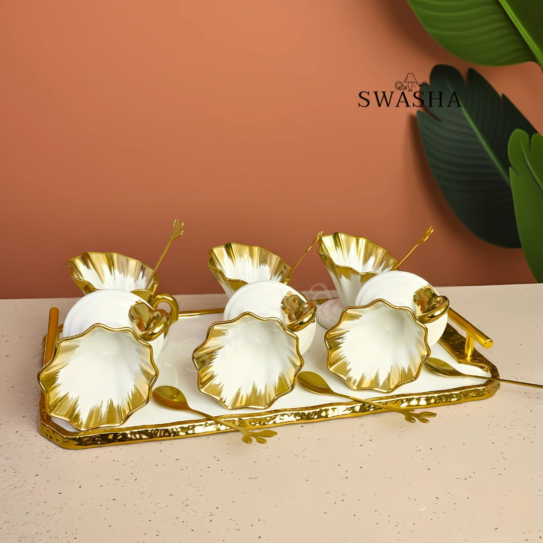 Premium Quality Ceramic Dessert Set – 6 Cups, 6 Spoons, 1 Tray by Swasha