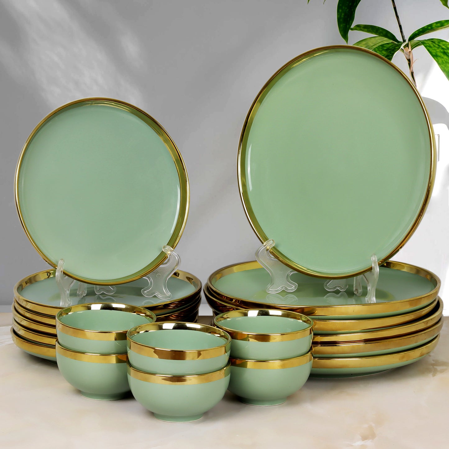 Swasha Porcelain Dinner Set/Snacks Set of 18 Pieces | Tableware (Pale Green)