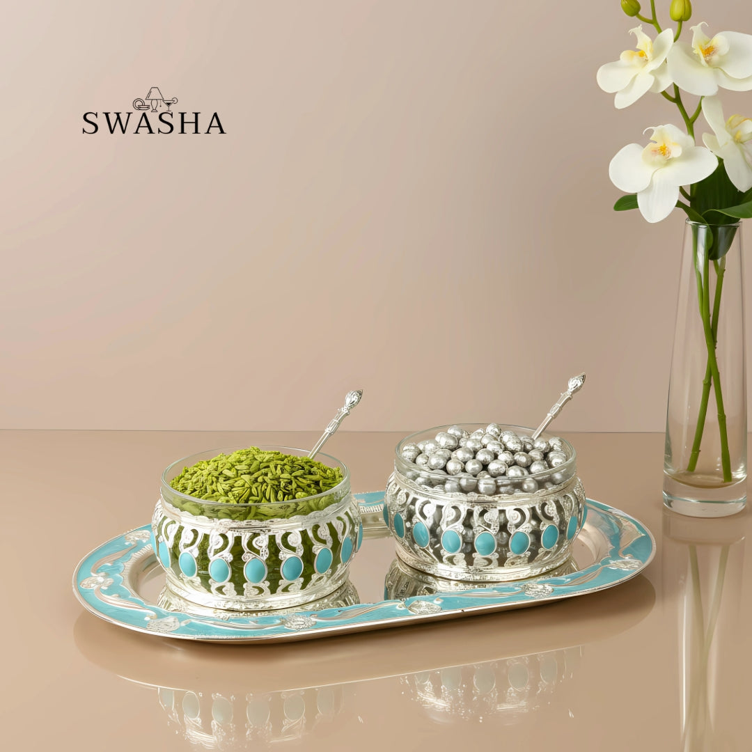 Swasha German Silver Dry Fruits Server Bowls with Tray (Small)