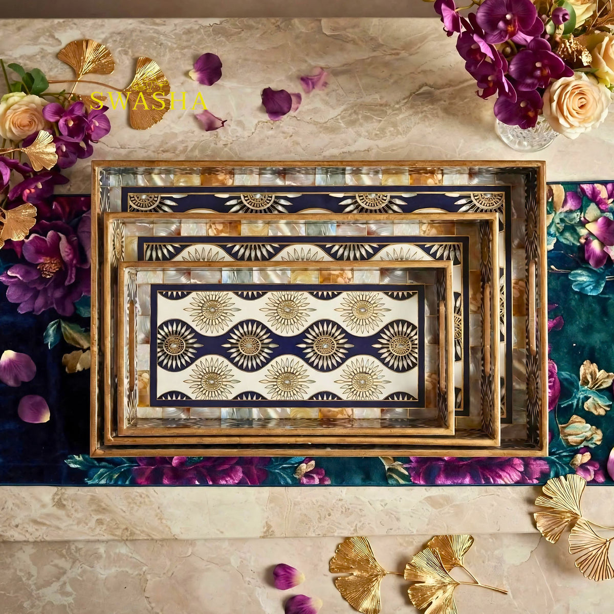 Swasha Set of 3 MDF Serving Tray | Navy Blue Gold Sunburst Decorative Tray Set | Wooden Tray For Serving Tea