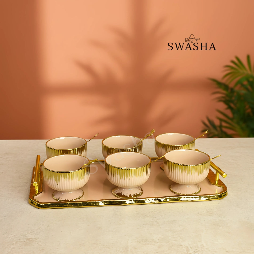 Premium Ceramic Ice Cream & Dessert Cup Set – 6 Cups, 6 Spoons & 1 Tray