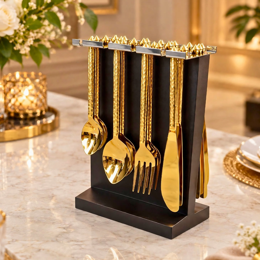 24 pcs gold cutlery set with black wooden stand luxury hammered design