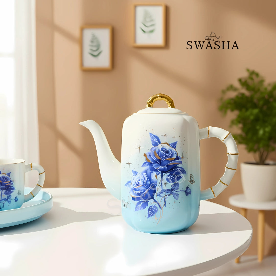 Swasha Premium Floral Tea Set with Revolving Stand | Stylish Gifting Option