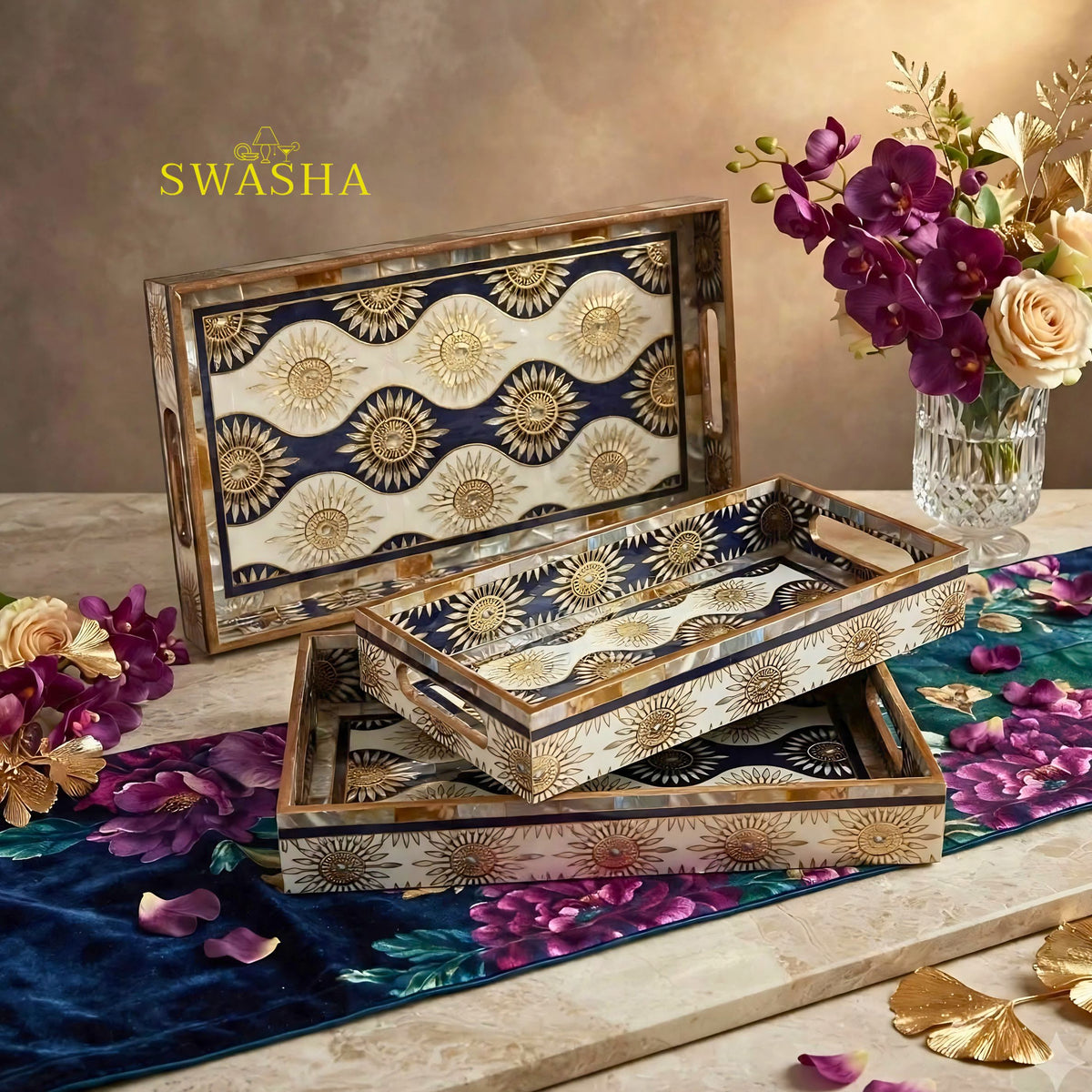 Swasha Set of 3 MDF Serving Tray | Navy Blue Gold Sunburst Decorative Tray Set | Wooden Tray For Serving Tea