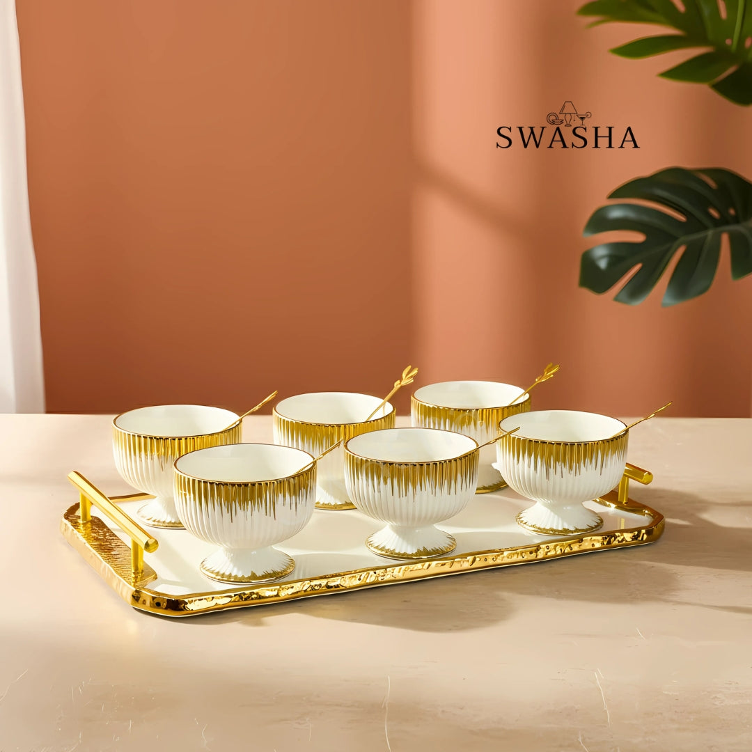 Premium Ceramic Ice Cream & Dessert Cup Set – 6 Cups, 6 Spoons & 1 Tray