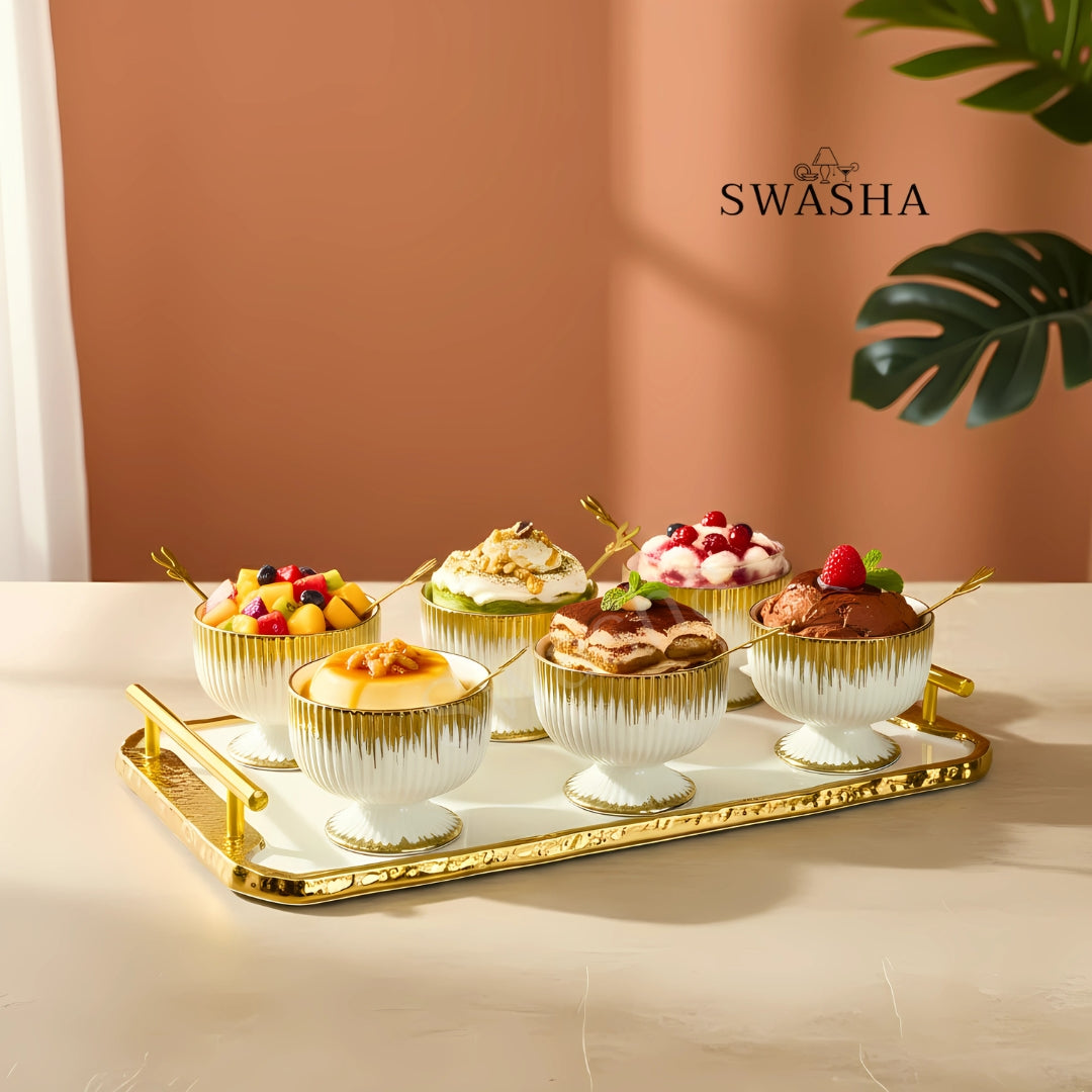 Premium Ceramic Ice Cream & Dessert Cup Set – 6 Cups, 6 Spoons & 1 Tray