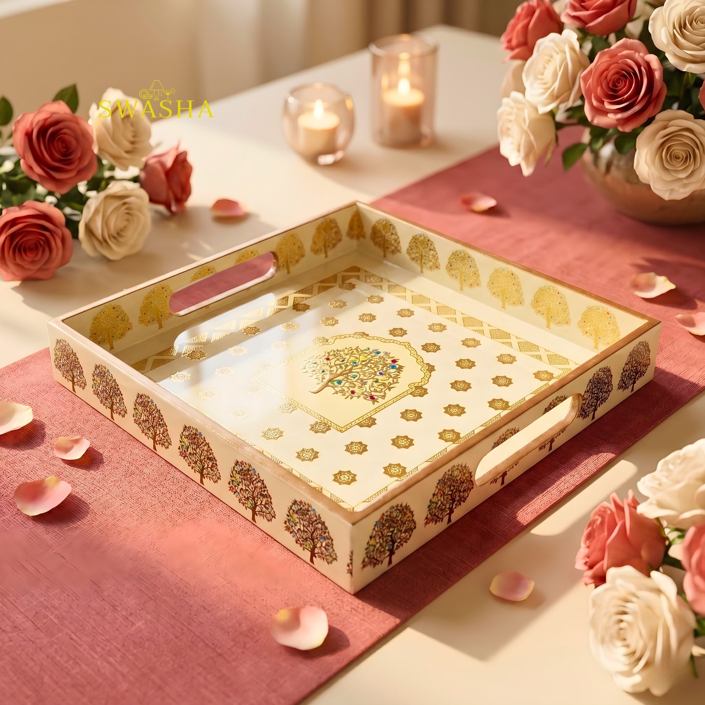 swasha square resin finish MDF tray on coffee table with candles