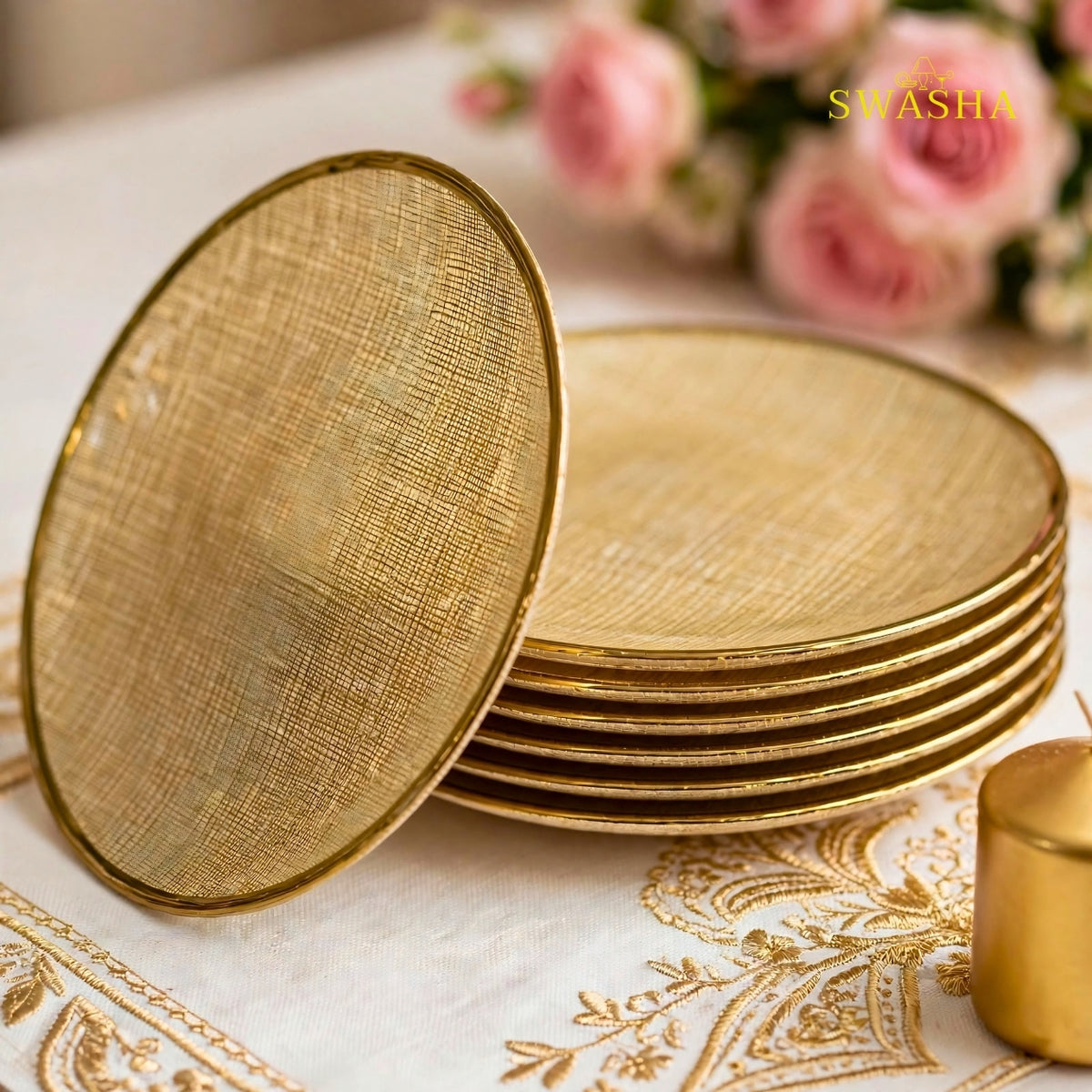 Swasha 7 Pcs Gold Turkish Glass Snack Set | 1 Full Plate + 6 Side Plates | Linen Gold Textured Gift Box