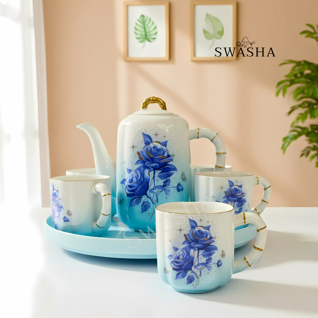 Swasha Premium Floral Tea Set with Revolving Stand | Stylish Gifting Option