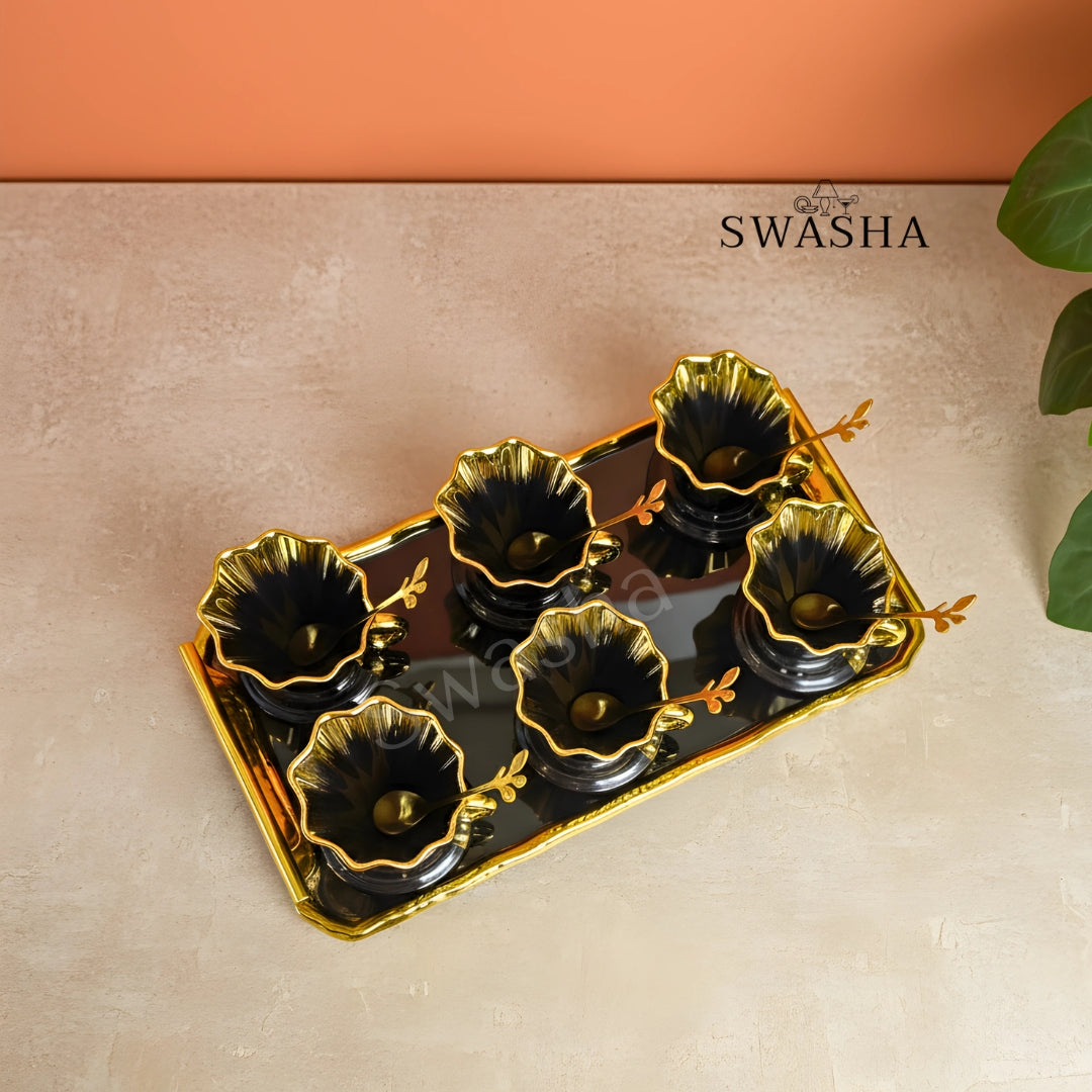 Premium Quality Ceramic Dessert Set – 6 Cups, 6 Spoons, 1 Tray by Swasha