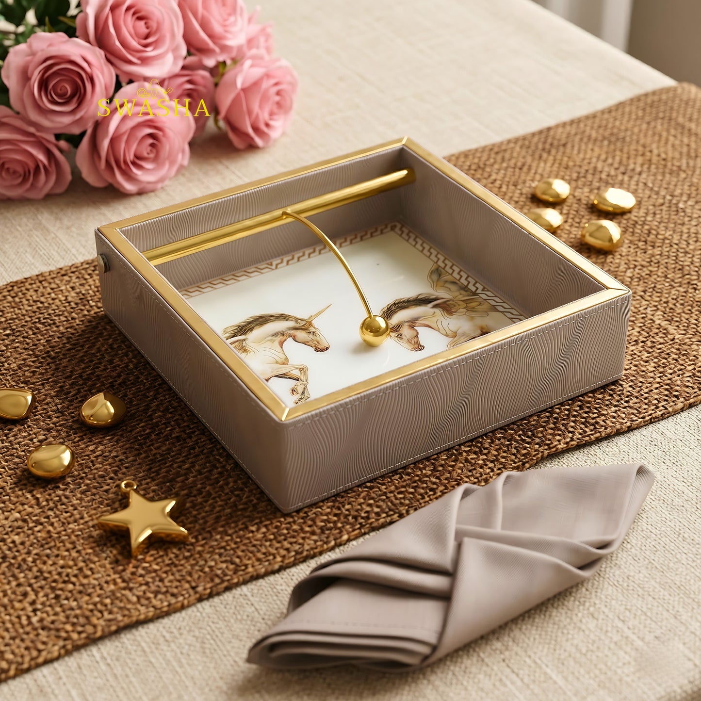 Swasha Leatherette Serving Tray Set of 4 with Cutlery Stand and Tissue Holder on Dining Table