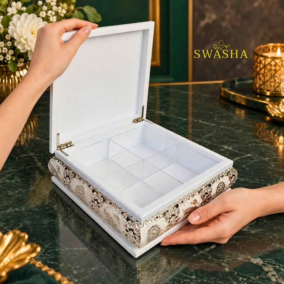 SWASHA White Peacock Dry Fruit Box - 4 Compartment Wooden Gift Box with Silver Peacock | For Diwali, Wedding Return Gift, Sweets & Jewelry Storage