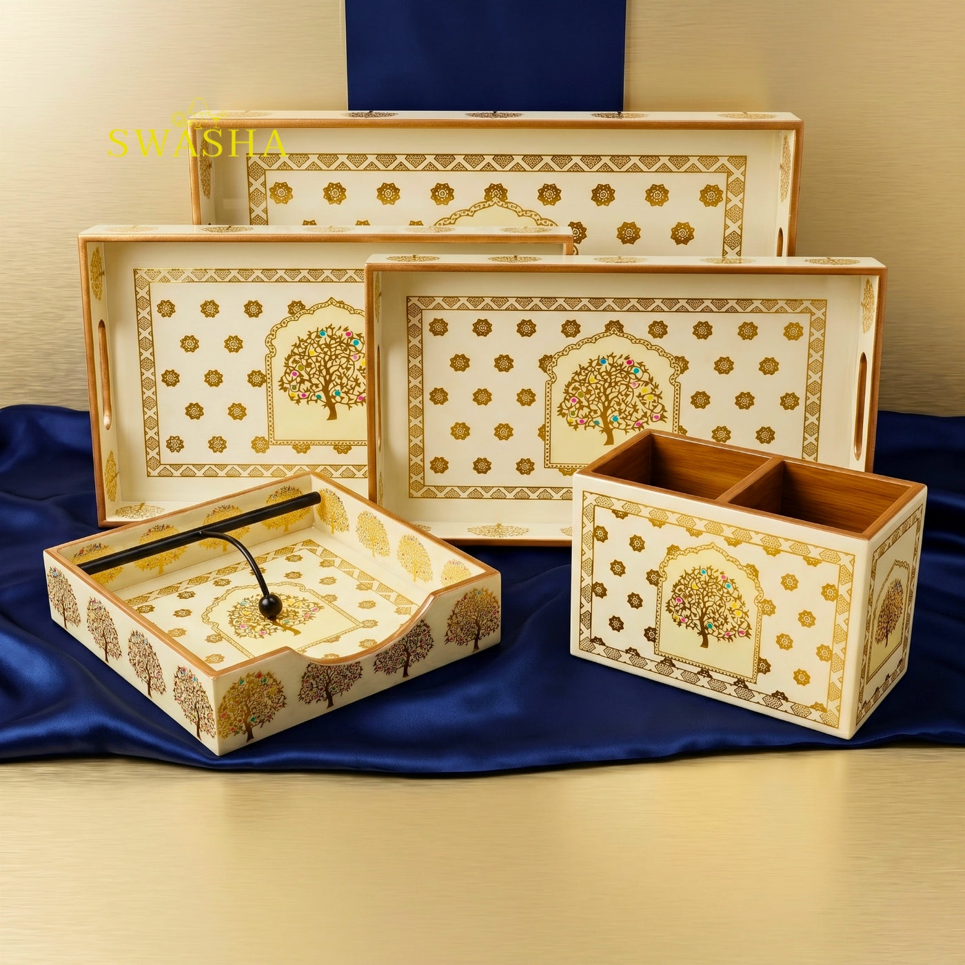 Swasha MDF Serving Tray Set of 3 with Tissue Holder and Cutlery Stand – 5-Piece Resin Finish Combo for Home and Kitchen