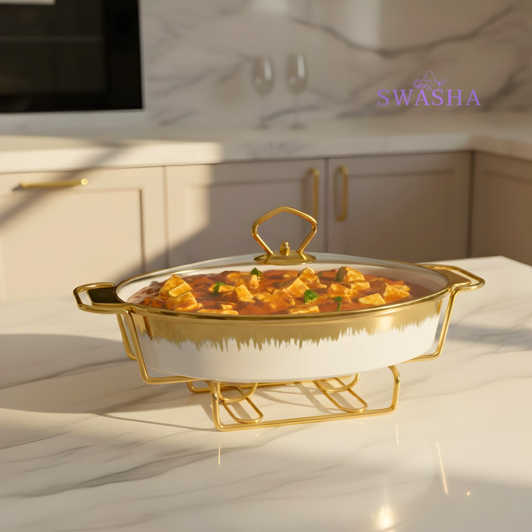 Swasha Porcelain Food Warmer Hot Pot – White (Oval)