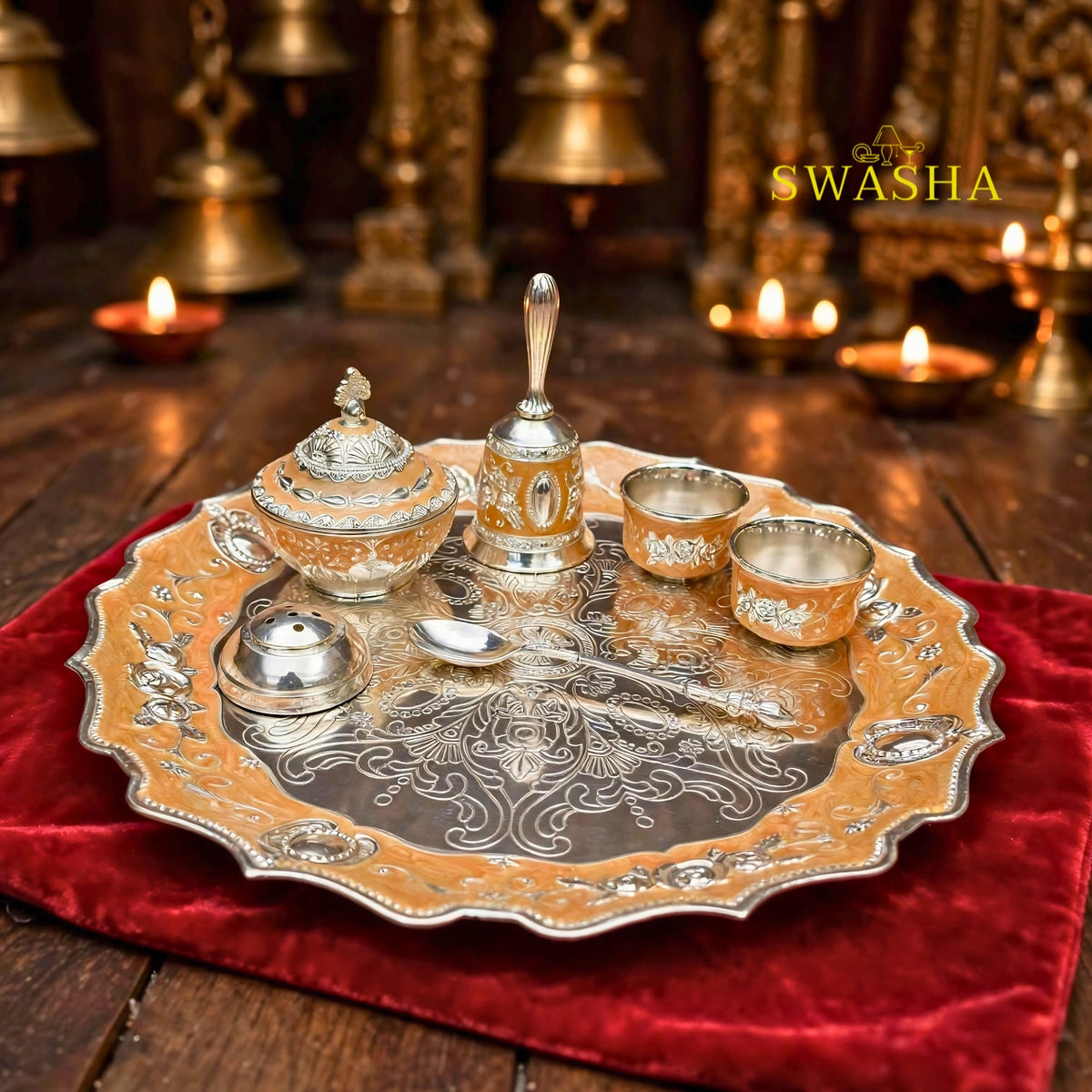 SWASHA Peach German Silver Pooja Thali Set - 7 Piece | For Diwali, Karwa Chauth, Wedding & Housewarming Gift