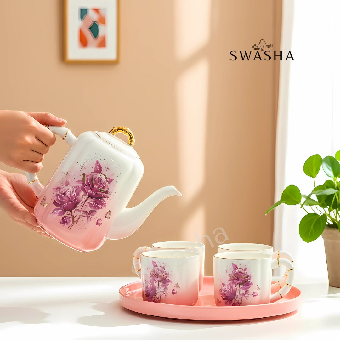 Revolving Floral Porcelain Tea Set – Swasha Kettle & 6 Cups