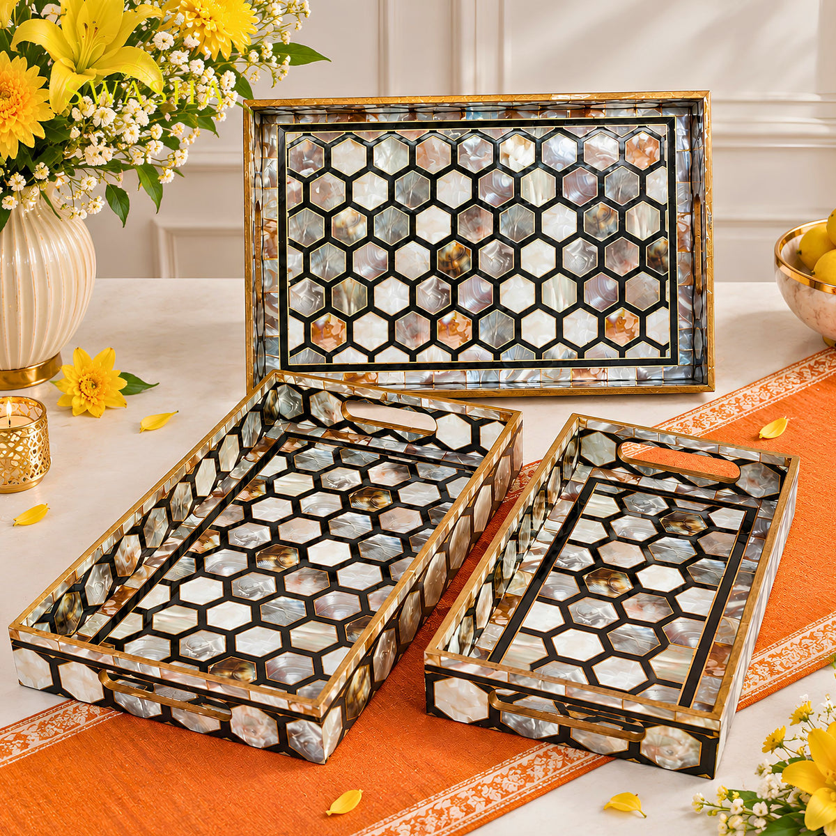 Swasha set of 3 honeycomb mother of pearl MDF serving trays black white hexagon pattern with gold handles